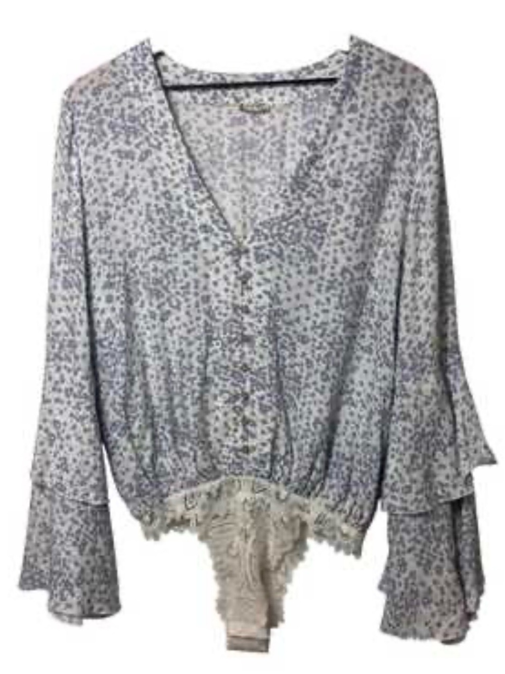 Free People Floral Button-Front Bodysuit in White and Gray
